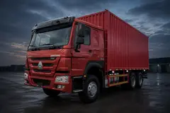 Red HOWO 371 6x4 box van truck — illustrative studio image